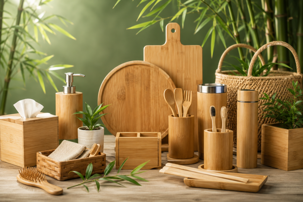 Bamboo lifestyle products exporter from India showcasing premium bamboo kitchenware, home décor, toothbrushes, cutlery and eco-friendly products for global export