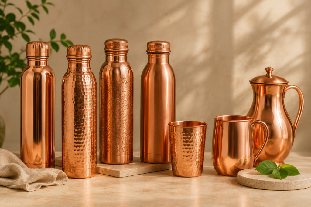 Premium Copper Bottle Exporter from India supplying copper drinkware worldwide