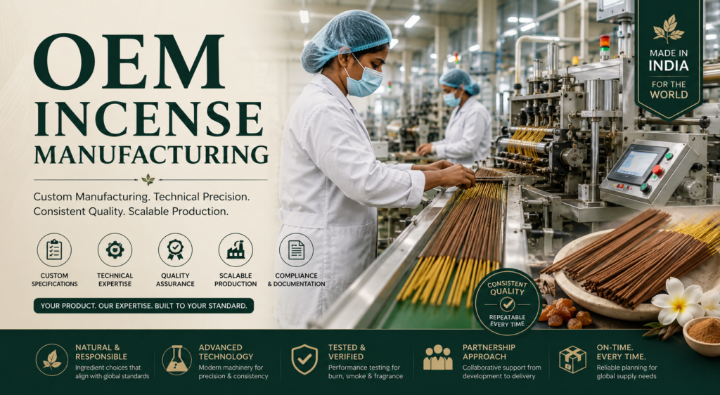 OEM incense manufacturing facility producing custom incense sticks to buyer specifications