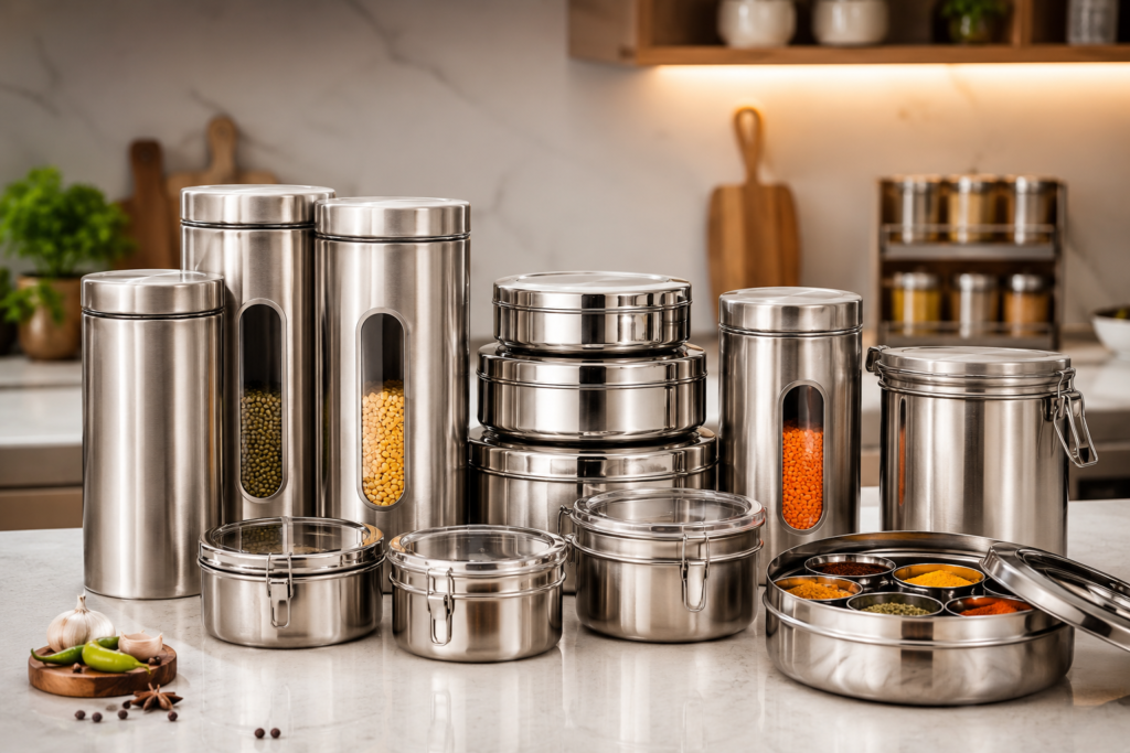 Premium Stainless Steel Storage Container Manufacturer from India High-quality food storage containers for global importers, retailers, hospitality businesses, and private label brands. Scalane Global is a trusted stainless steel storage container manufacturer from India, connecting international buyers with carefully selected Indian manufacturing partners who specialize in premium stainless steel food storage solutions. We support importers, distributors, wholesalers, supermarkets, kitchenware brands, hospitality suppliers, e-commerce businesses, and private label companies. We coordinate sourcing, quality assurance, export documentation, and international logistics — so you don't have to manage each piece separately. Our product portfolio includes: Food storage containers Airtight containers Kitchen canisters Spice containers Masala dabbas Storage jars Stackable containers Commercial kitchen containers Customized OEM storage solutions for residential, retail, and hospitality markets Stainless Steel Storage Container Manufacturer from India