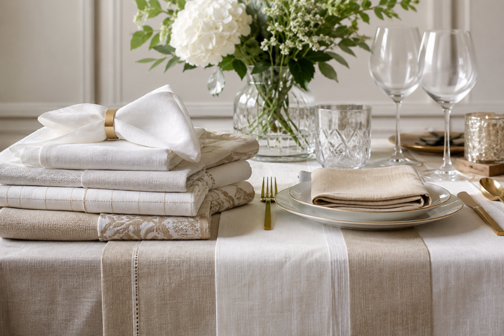 Premium table linen exporter from India supplying tablecloths, runners, placemats and cloth napkins for hospitality and retail buyers worldwide
