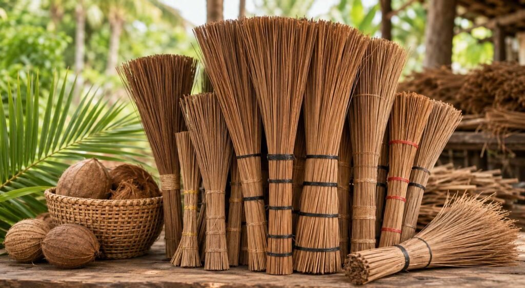 Premium coconut broom manufacturer from India producing natural coconut stick and coconut leaf brooms for wholesale, OEM, private label, and global supply