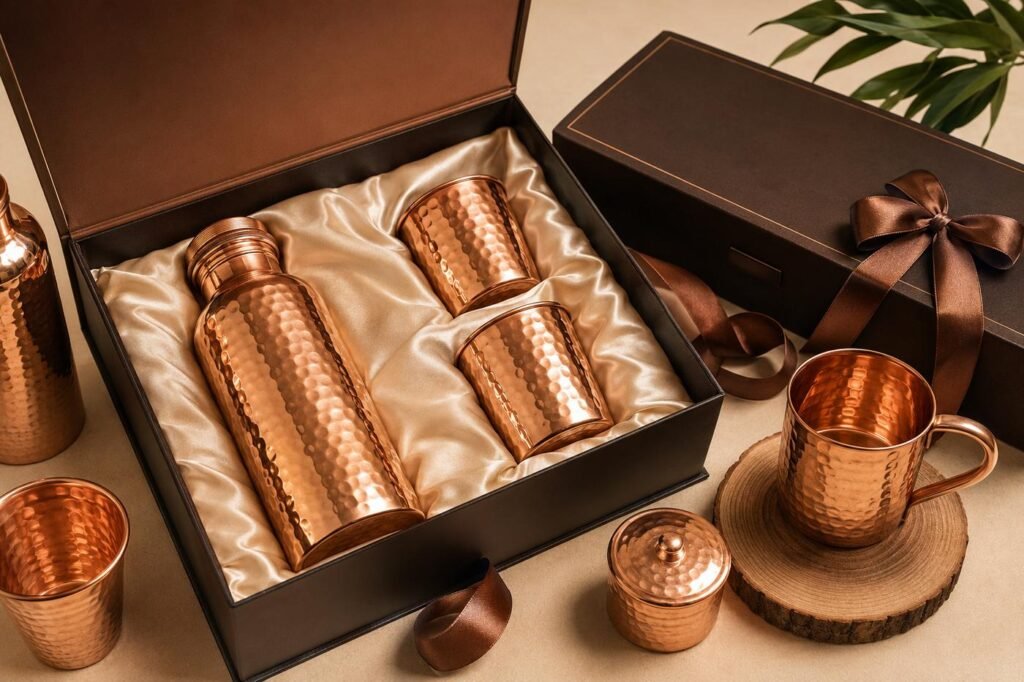 Premium copper gift sets exporter from India offering luxury copper drinkware gift collections for global buyers