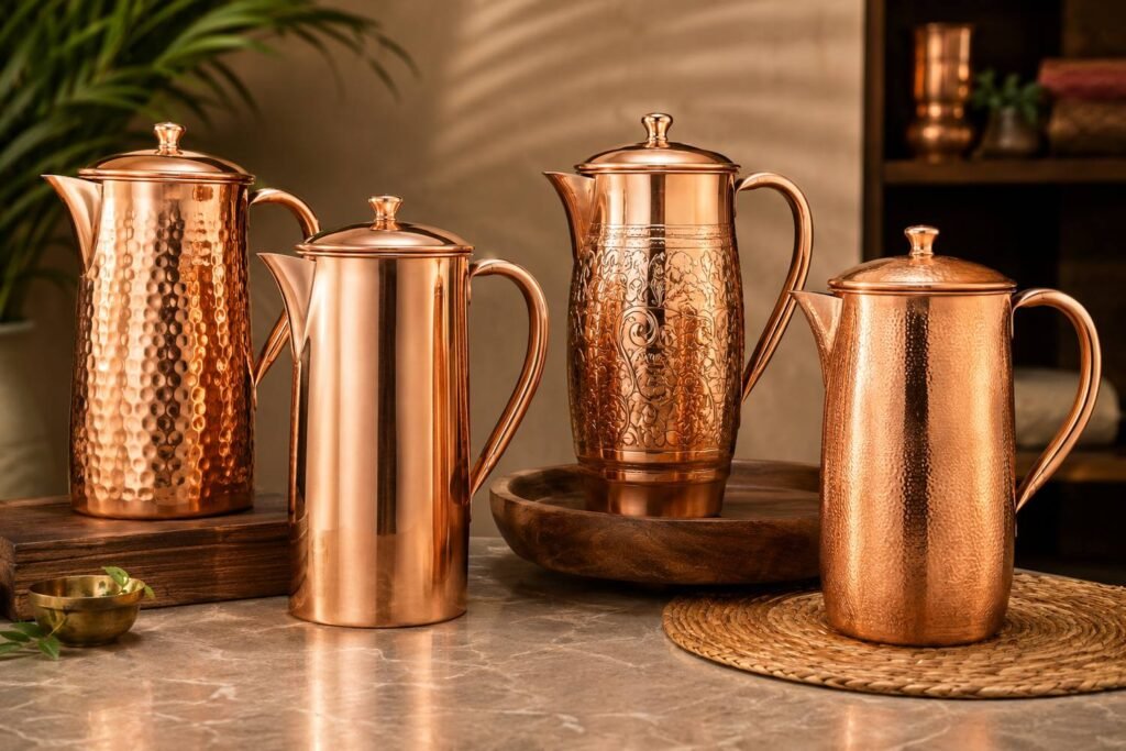 Premium copper jugs exporter from India supplying handcrafted copper serveware for global importers and hospitality businesses