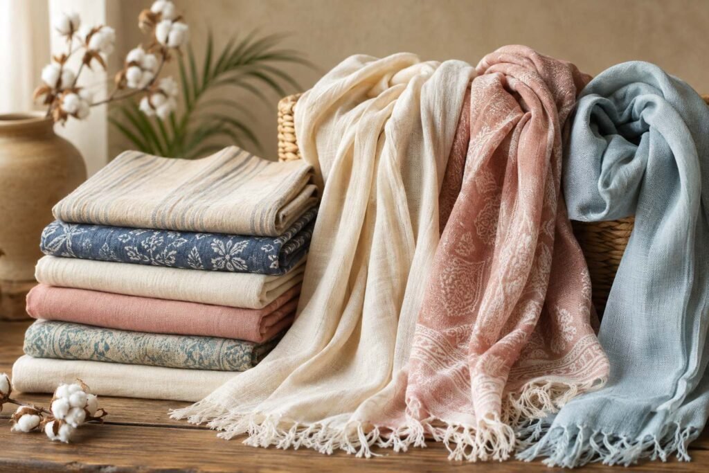 Premium cotton shawls manufacturer & exporter from India showcasing elegant cotton shawl collection in a luxury showroom