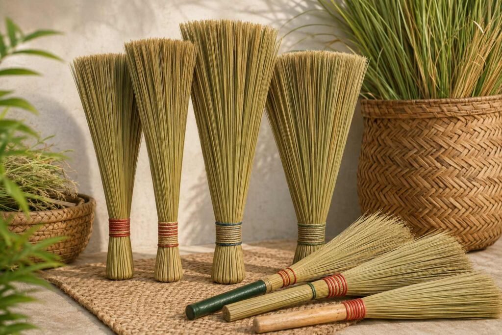 Premium natural grass broom manufacturer from India producing household grass brooms with OEM, private label, wholesale, and bulk manufacturing solutions