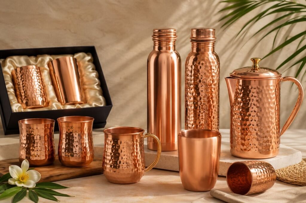 Premium copper drinkware exporter from India supplying bottles tumblers mugs glasses and jugs to global buyers